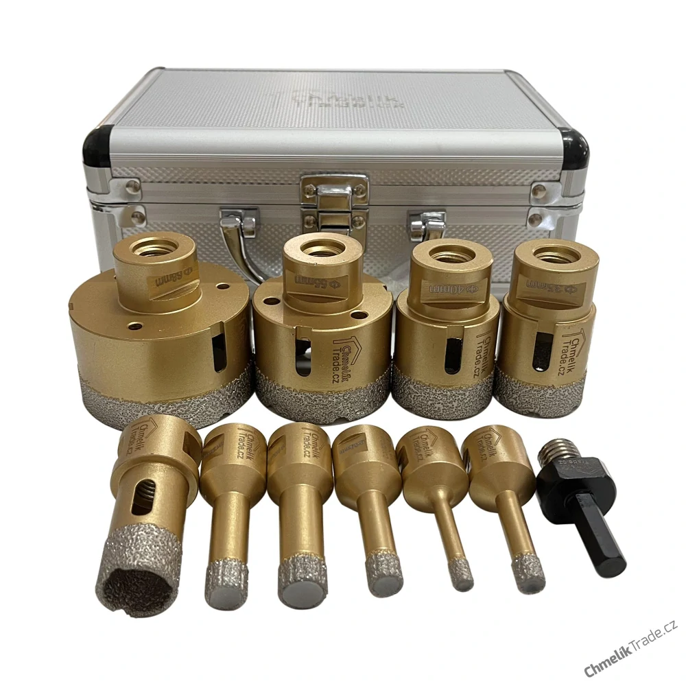 11-dílná sada diamantových korunek Chmelík Drill Gold 6, 8, 10, 12, 14, 22, 35, 40, 55, 68 mm M14 + adapter do vrtačky v hliníkovém kufru