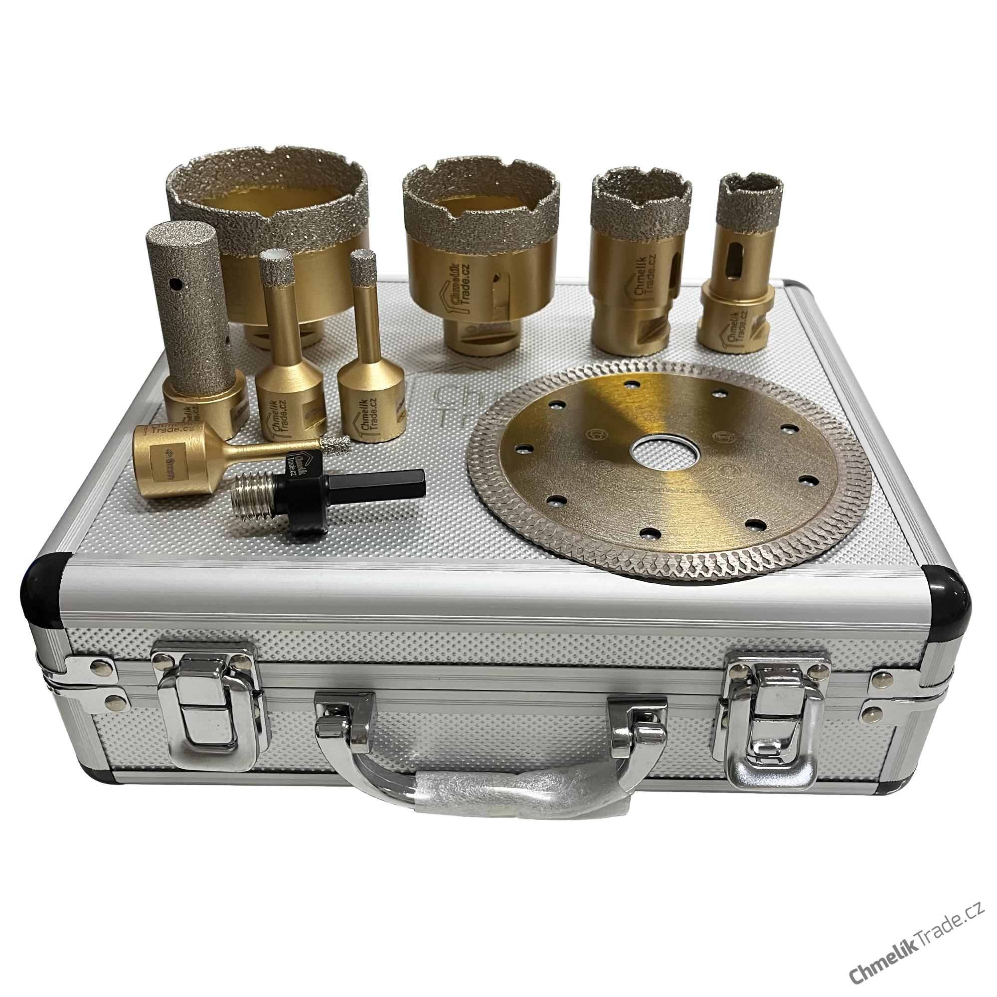 10-dílná sada diamantových korunek Chmelík Drill Gold 6, 8, 10, 22, 35, 55, 68 mm M14 + adaptér + kotouč + fréza v hliníkovém kufru