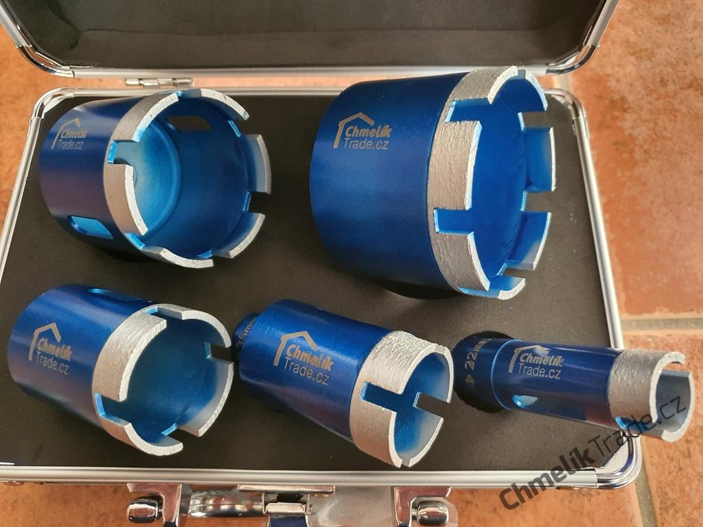 5-dílná sada diamantových korunek Chmelík Drill Blue Ø 22, 35, 40, 55, 68 mm M14 v hliníkovém kufru