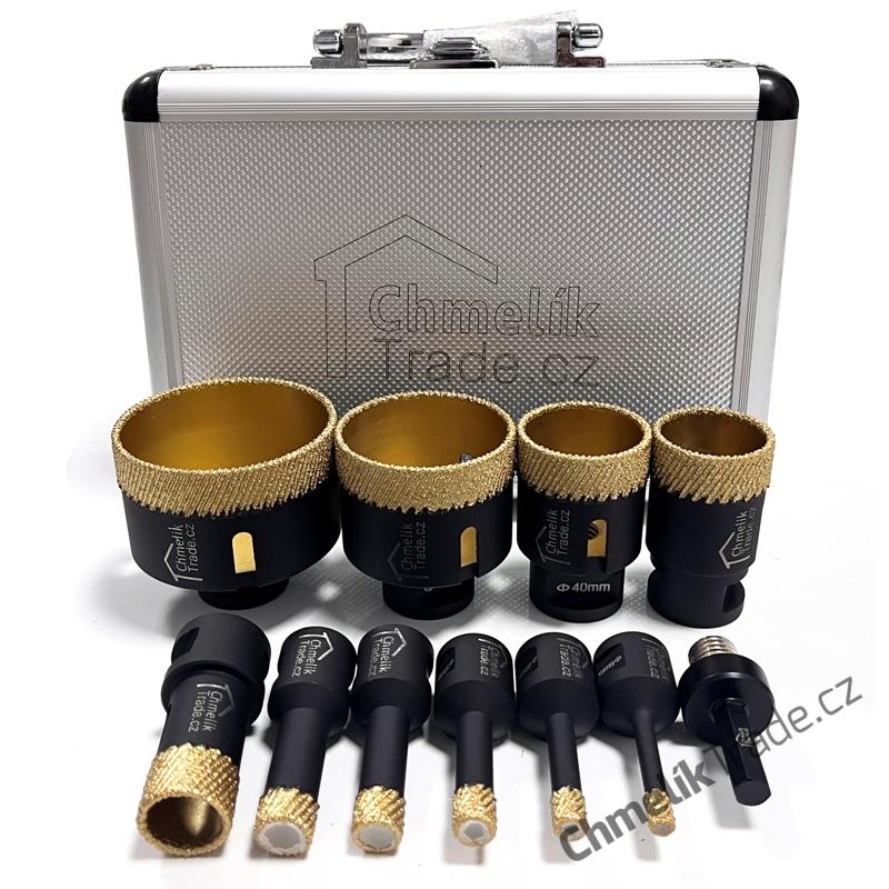 11-dílná sada diamantových korunek Chmelík Drill MatriCh 6, 8, 10, 12, 14, 22, 35, 40, 55, 68 mm M14 + adapter do vrtačky v hliníkovém kufru