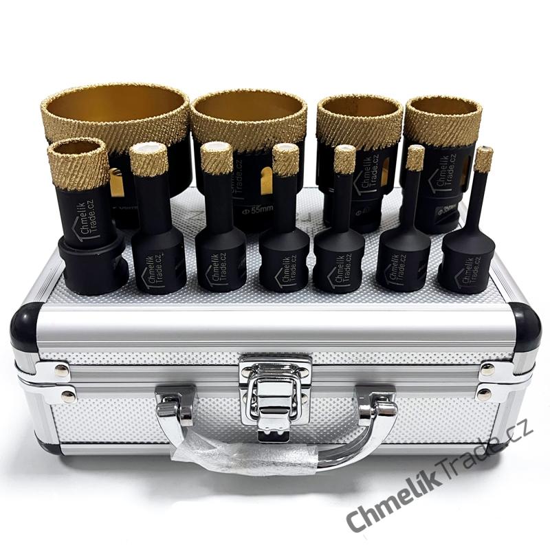 11-dílná sada diamantových korunek Chmelík Drill MatriCh 2x6, 8, 10, 12, 14, 22, 35, 40, 55, 68 mm M14 v hliníkovém kufru