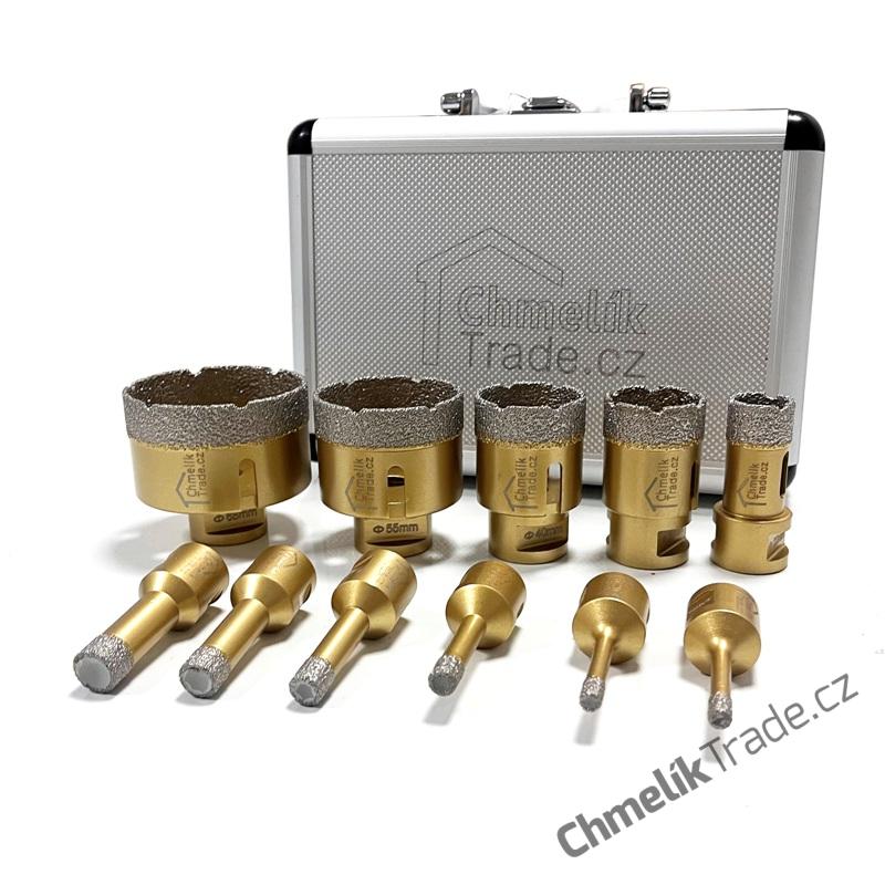 11-dílná sada diamantových korunek Chmelík Drill Gold 2x6, 8, 10, 12, 14, 22, 35, 40, 55, 68 mm M14 v hliníkovém kufru