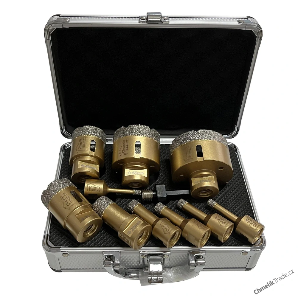 11-dílná sada diamantových korunek Chmelík Drill Gold 6, 8, 10, 12, 14, 22, 35, 40, 55, 68 mm M14 + adapter do vrtačky v hliníkovém kufru