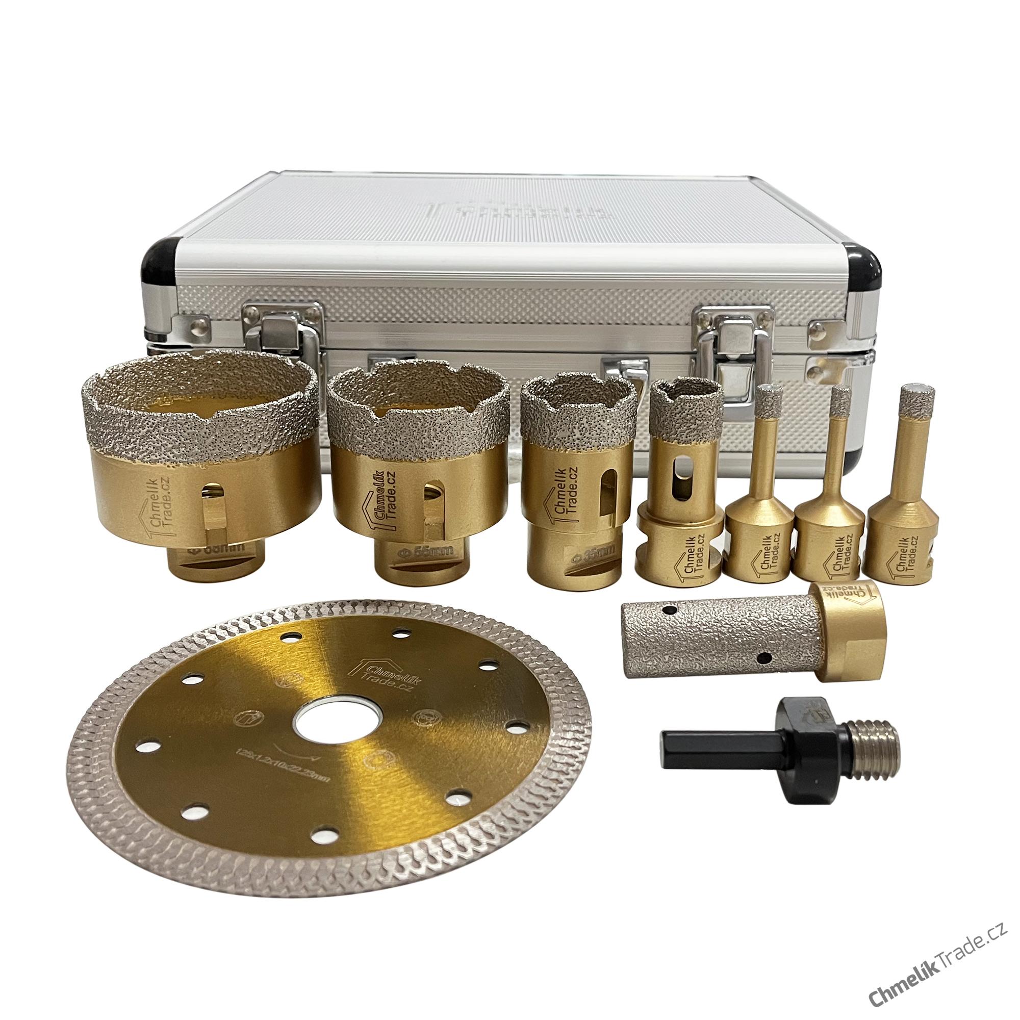 10-dílná sada diamantových korunek Chmelík Drill Gold 6, 8, 10, 22, 35, 55, 68 mm M14 + adaptér + kotouč + fréza v hliníkovém kufru