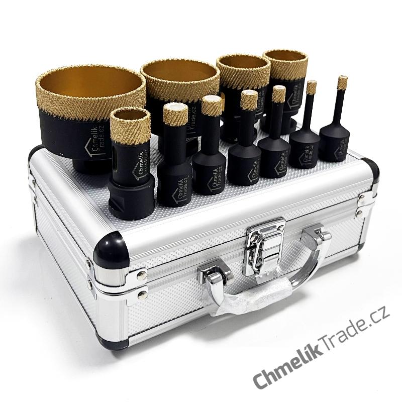 11-dílná sada diamantových korunek Chmelík Drill MatriCh 2x6, 8, 10, 12, 14, 22, 35, 40, 55, 68 mm M14 v hliníkovém kufru