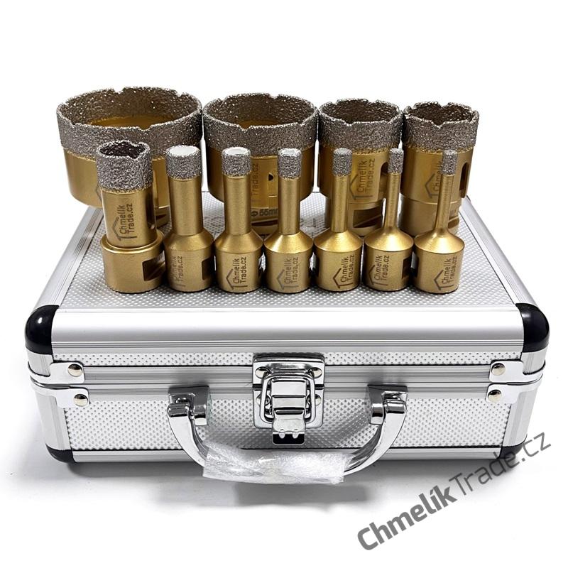 11-dílná sada diamantových korunek Chmelík Drill Gold 2x6, 8, 10, 12, 14, 22, 35, 40, 55, 68 mm M14 v hliníkovém kufru