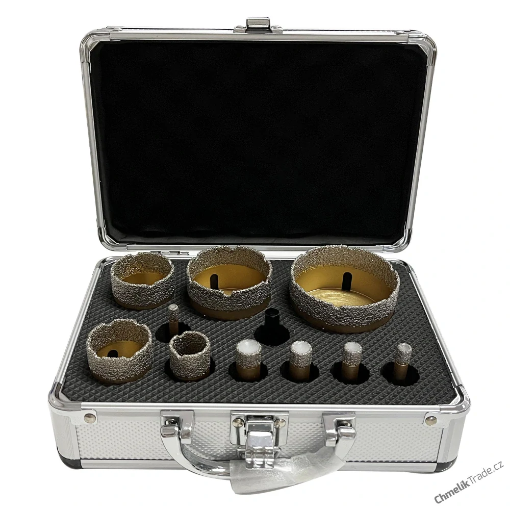 11-dílná sada diamantových korunek Chmelík Drill Gold 6, 8, 10, 12, 14, 22, 35, 40, 55, 68 mm M14 + adapter do vrtačky v hliníkovém kufru