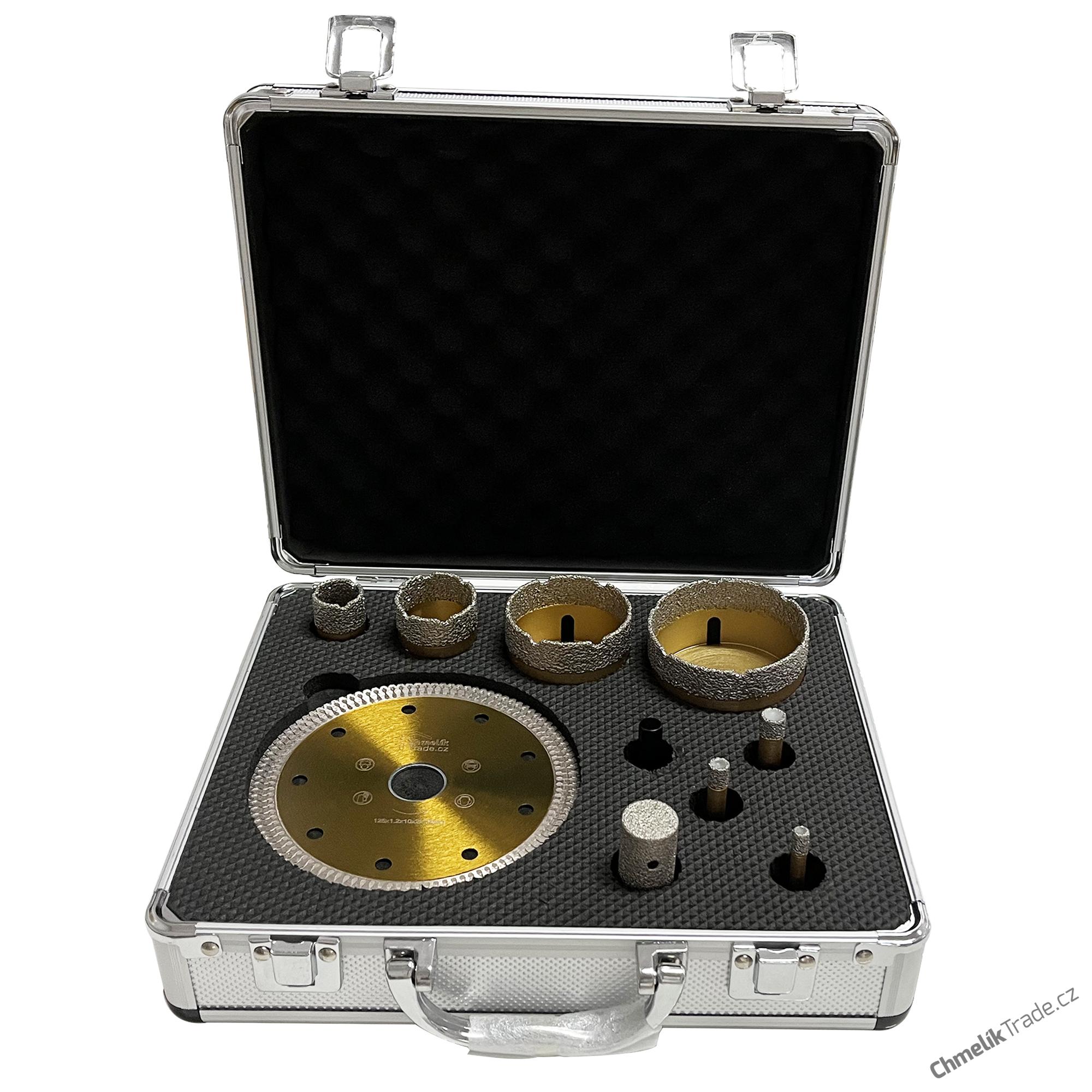 10-dílná sada diamantových korunek Chmelík Drill Gold 6, 8, 10, 22, 35, 55, 68 mm M14 + adaptér + kotouč + fréza v hliníkovém kufru