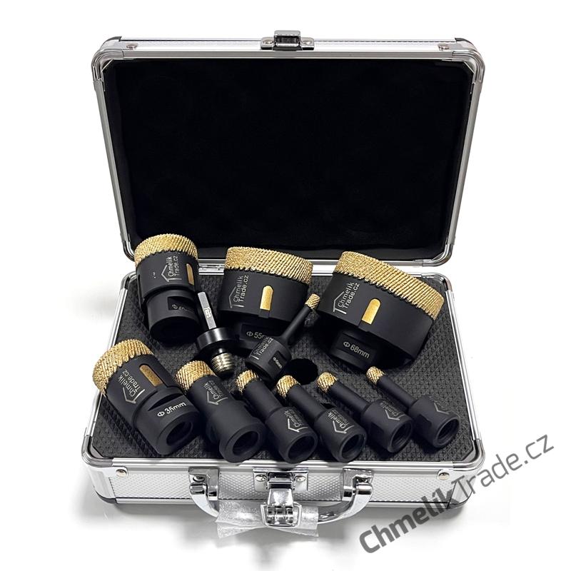 11-dílná sada diamantových korunek Chmelík Drill MatriCh 6, 8, 10, 12, 14, 22, 35, 40, 55, 68 mm M14 + adapter do vrtačky v hliníkovém kufru