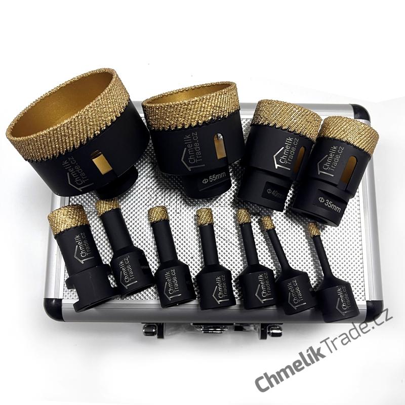11-dílná sada diamantových korunek Chmelík Drill MatriCh 2x6, 8, 10, 12, 14, 22, 35, 40, 55, 68 mm M14 v hliníkovém kufru