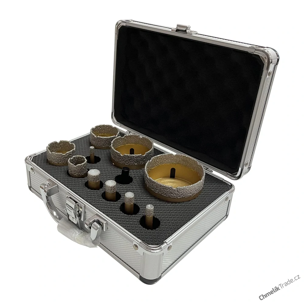 11-dílná sada diamantových korunek Chmelík Drill Gold 6, 8, 10, 12, 14, 22, 35, 40, 55, 68 mm M14 + adapter do vrtačky v hliníkovém kufru