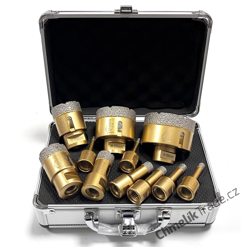 11-dílná sada diamantových korunek Chmelík Drill Gold 2x6, 8, 10, 12, 14, 22, 35, 40, 55, 68 mm M14 v hliníkovém kufru