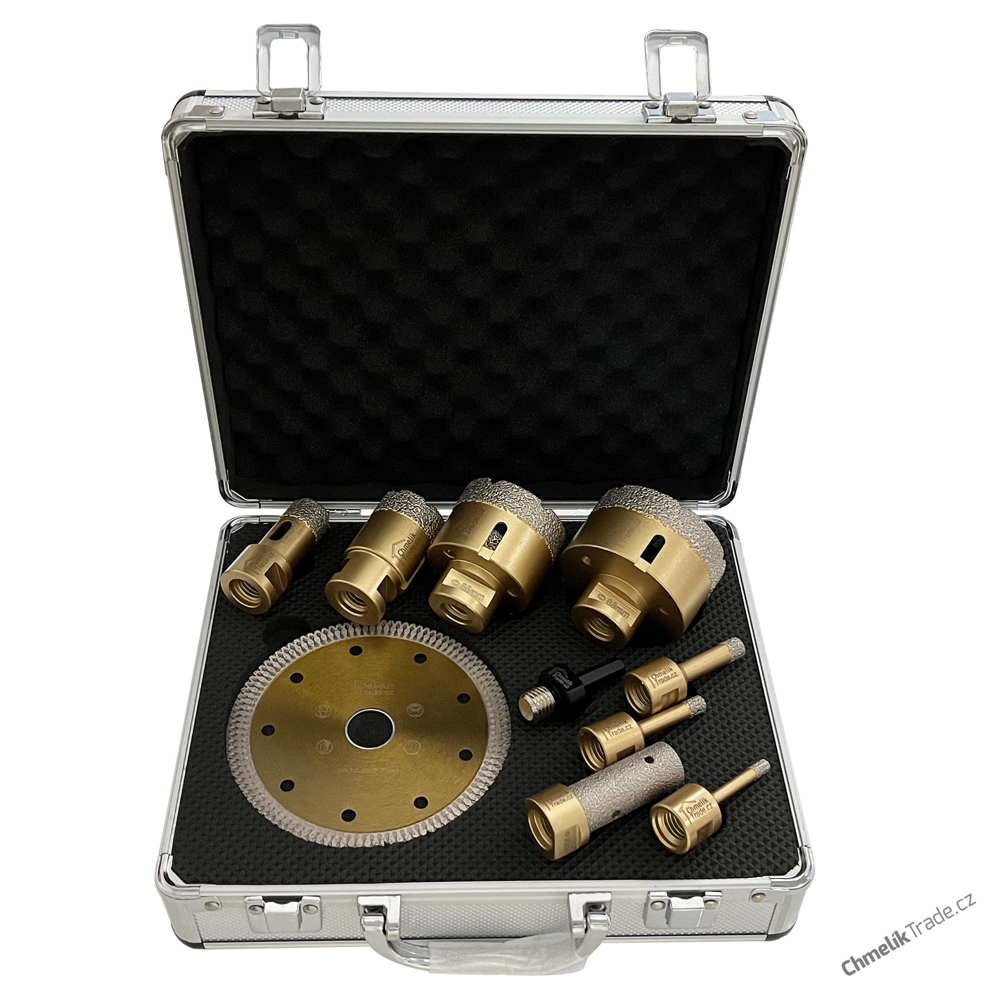 10-dílná sada diamantových korunek Chmelík Drill Gold 6, 8, 10, 22, 35, 55, 68 mm M14 + adaptér + kotouč + fréza v hliníkovém kufru