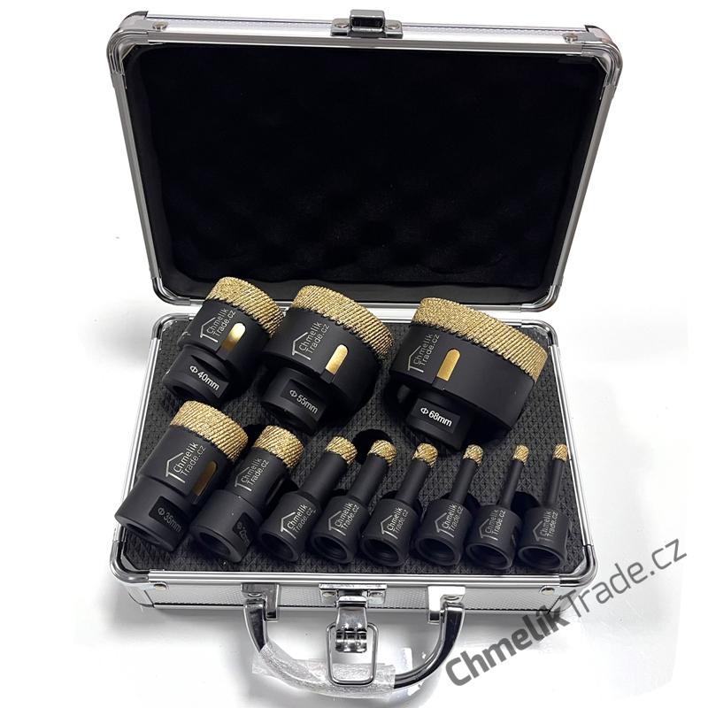 11-dílná sada diamantových korunek Chmelík Drill MatriCh 2x6, 8, 10, 12, 14, 22, 35, 40, 55, 68 mm M14 v hliníkovém kufru