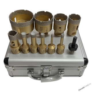 11-dílná sada diamantových korunek Chmelík Drill Gold 6, 8, 10, 12, 14, 22, 35, 40, 55, 68 mm M14 + adapter do vrtačky v hliníkovém kufru