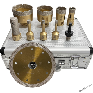 10-dílná sada diamantových korunek Chmelík Drill Gold 6, 8, 10, 22, 35, 55, 68 mm M14 + adaptér + kotouč + fréza v hliníkovém kufru
