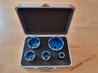 5-dílná sada diamantových korunek Chmelík Drill Blue Ø 22, 35, 40, 55, 68 mm M14 v hliníkovém kufru