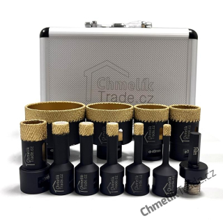 11-dílná sada diamantových korunek Chmelík Drill MatriCh 6, 8, 10, 12, 14, 22, 35, 40, 55, 68 mm M14 + adapter do vrtačky v hliníkovém kufru