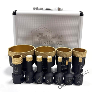 11-dílná sada diamantových korunek Chmelík Drill MatriCh 2x6, 8, 10, 12, 14, 22, 35, 40, 55, 68 mm M14 v hliníkovém kufru